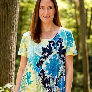 Laura Ashley Women L BEDAZZLED Gypsy Watercolor Short Sleeve Lagun Stretch Boho